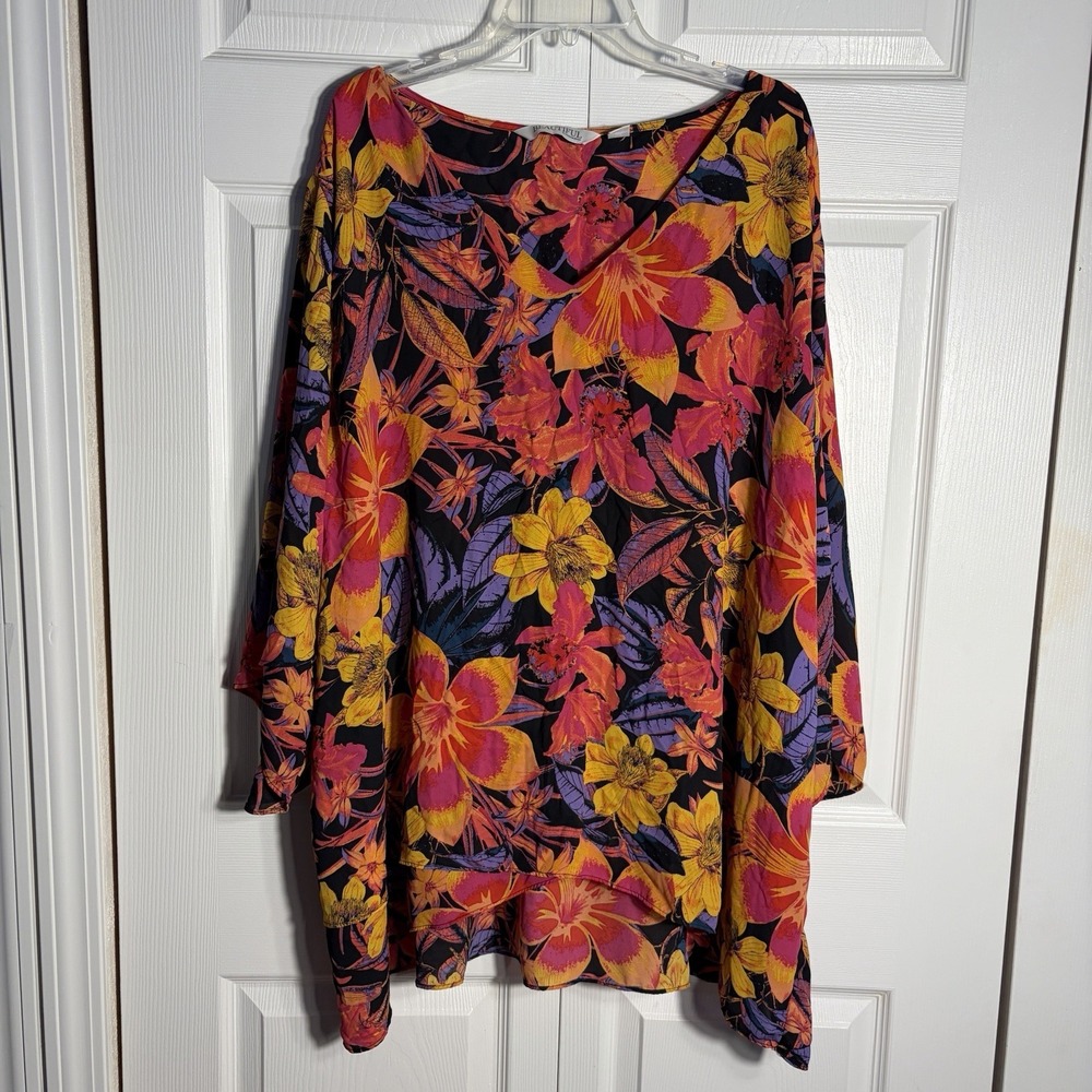 BEAUTIFUL Lawrence Zarian Shirt Women 5X Tropical Floral High Low Tunic Blouse